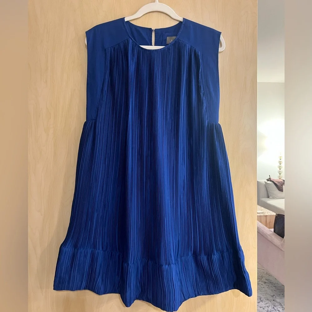 Anthropologie Cap-Sleeve Plissé Mini Dress Dark Blue Size XS - Picture 3 of 8